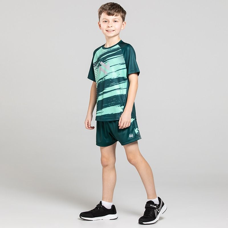 Boys Blast T-Shirt & Shorts set in Bottle Green. Bold graphic designs with reflective logos from O’Neills.
