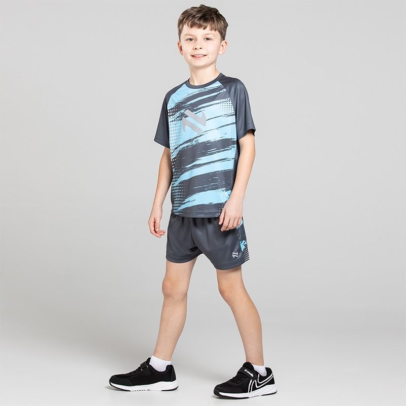 Boys Blast T-Shirt & Shorts set in Grey and Blue. Bold graphic designs with reflective logos from O’Neills.