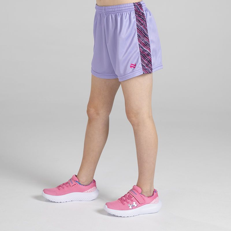 Purple Kids’ Miley Sports Shorts with pink and lavender ombre design by O’Neills.