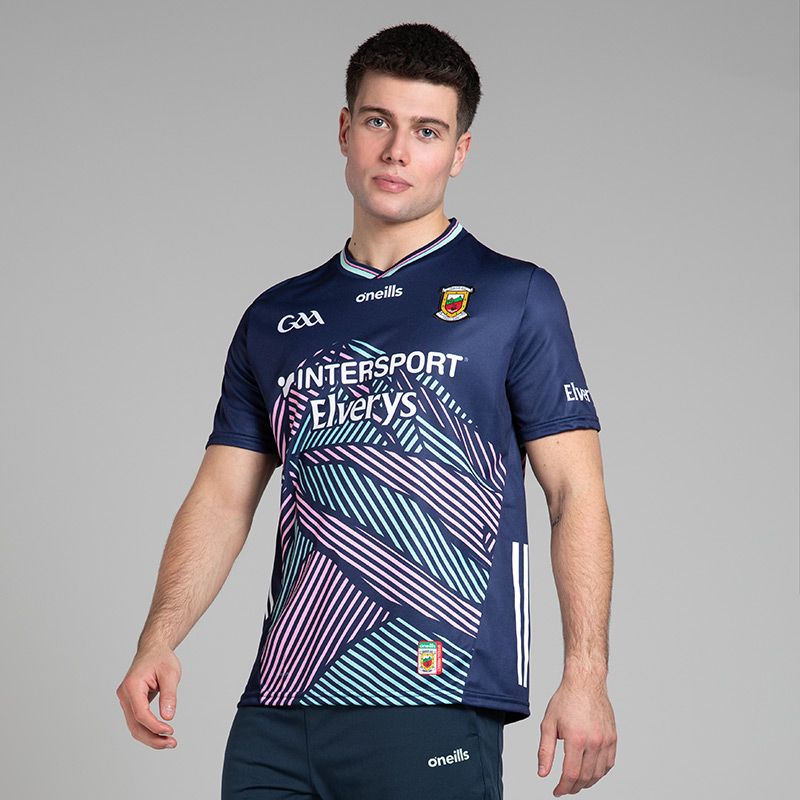 O’Neills Navy Mayo GAA Alternative Jersey 2025 with ribbed crewneck by O’Neills.
