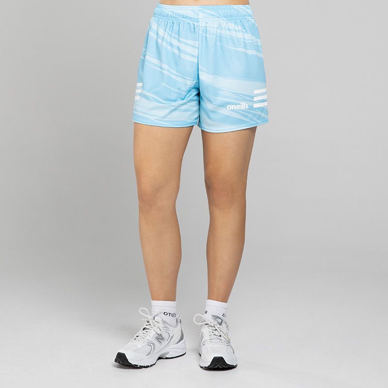 Sky blue O’Neills Connell Shorts with three white stripes on each leg and an all-over design.