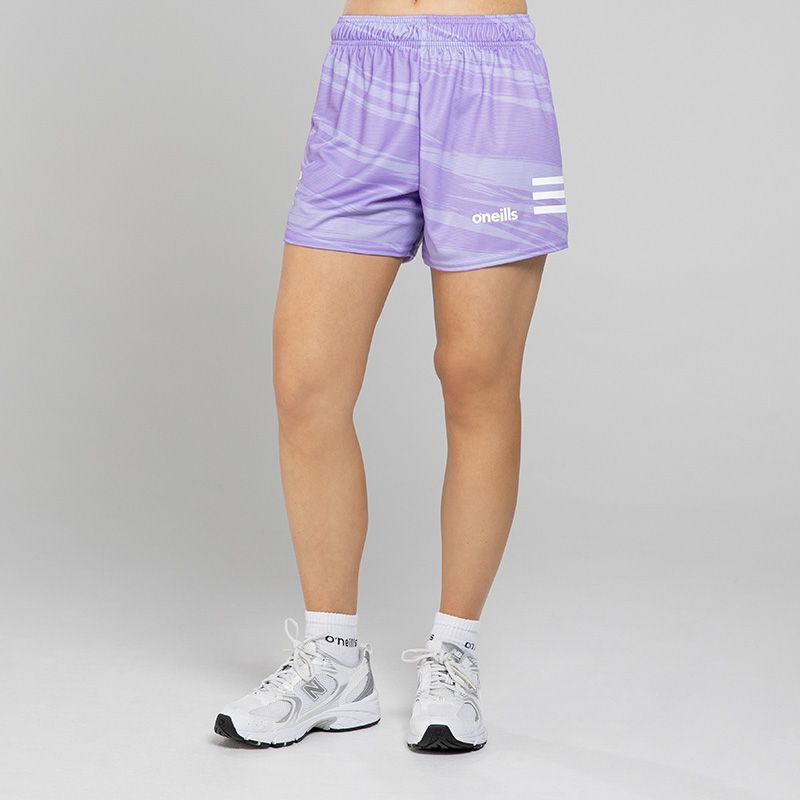 Purple O’Neills Connell Shorts with three white stripes on each leg and an all-over design.