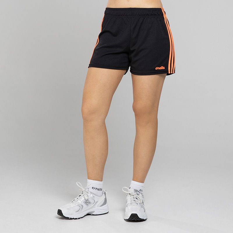 Black and orange women's gaelic training shorts with three stripe detail by O'Neills.