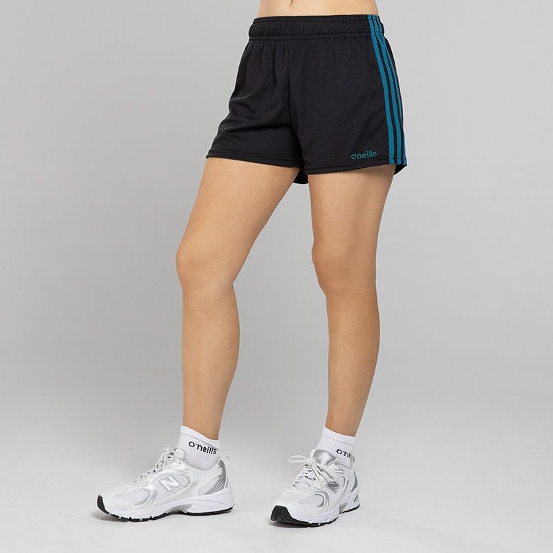 Black and teal women's gym training shorts with three stripe detail by O'Neills.