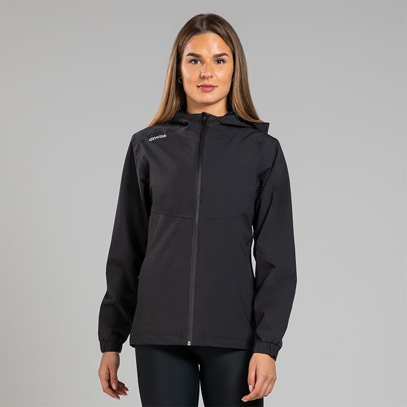 Black Women's waterproof rain jacket with a hood and zip pockets by O'Neills.
