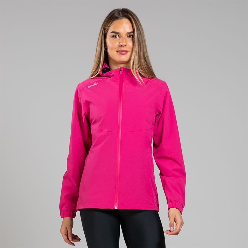 Pink Women's waterproof rain jacket with a hood and zip pockets by O'Neills.