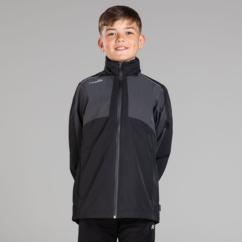 Black O’Neills Kids' Altitude Waterproof Rain Jacket with fold away hood.