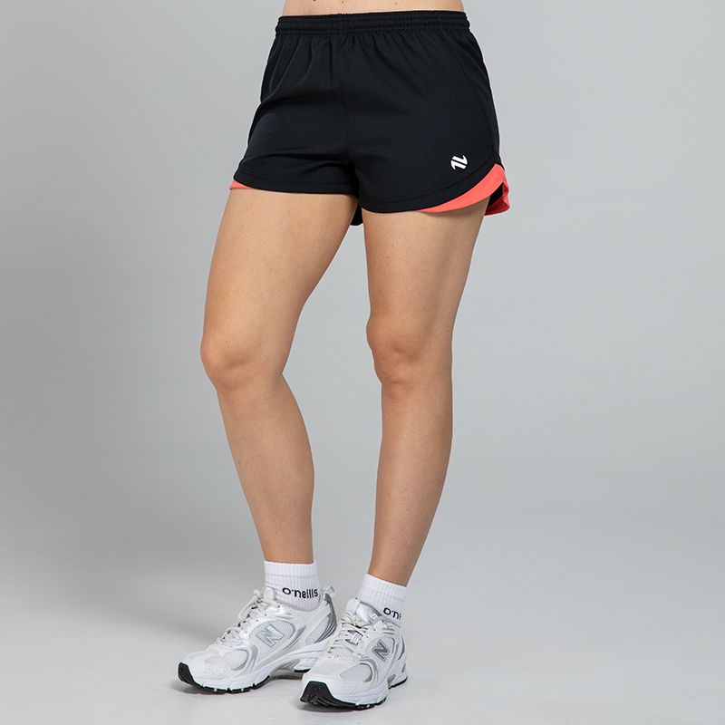 Black and Coral Women’s Sports Shorts with elasticated waistband by O’Neills.