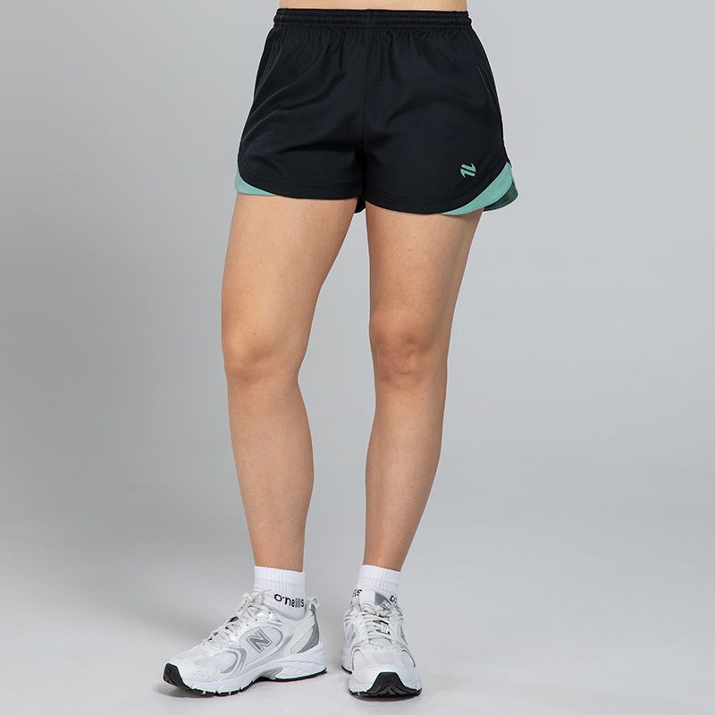Black Women’s Sports Shorts with a Green panel on the sides and an elasticated waistband by O’Neills.