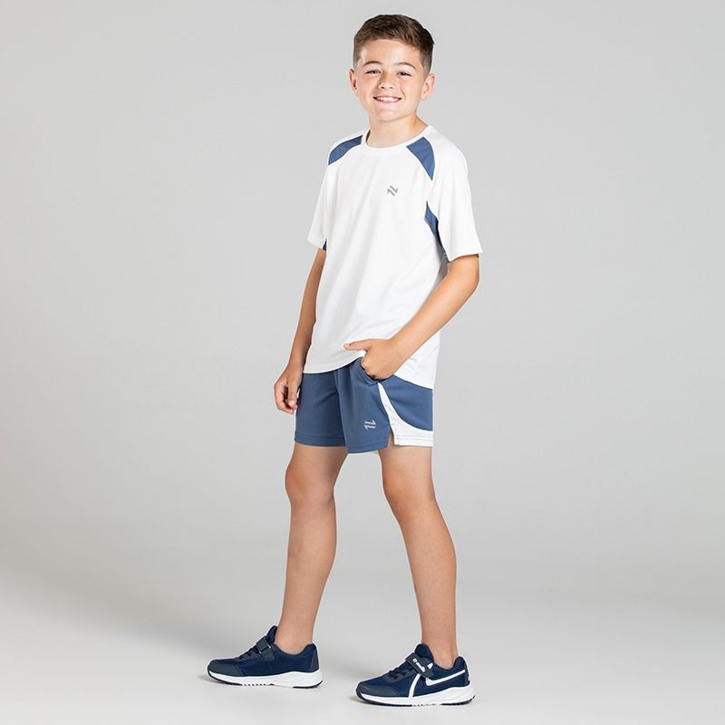 White / Blue O’Neills Kids’ Raptor 2 piece set with short sleeve T-Shirt and Shorts.