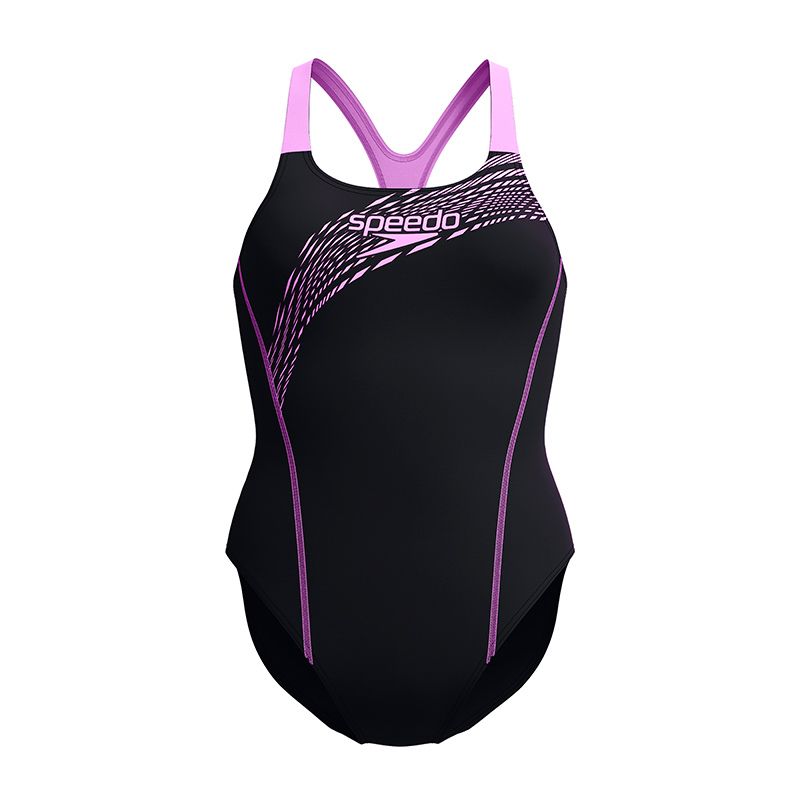 Black and Neon Violet Speedo Women's Medley Logo Medalist Swimsuit From O'Neills.