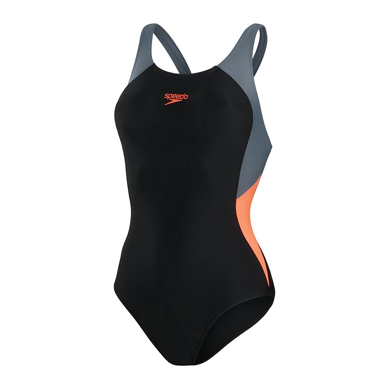 Women's Black Speedo Colourblock Splice Muscleback Swimsuit, with shape retention from O'Neills.