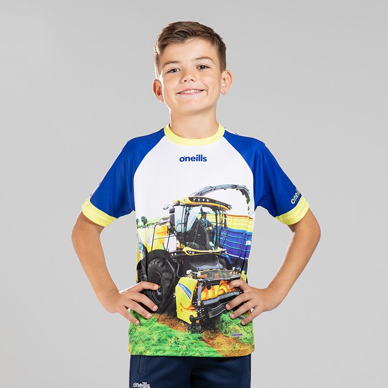 Blue Kids’ Top of the Crop O’Neills ploughing jersey with image of a harvester on the front.