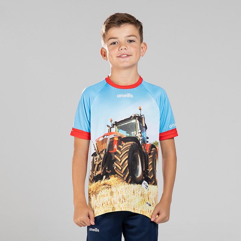 Blue Kids' MASS-terful O’Neills ploughing jersey with image of a red tractor on the front.