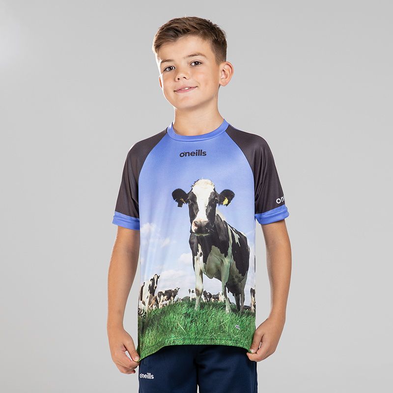 Blue Kids’ Now I’ve HERD It All O’Neills ploughing jersey with image of a black and white cow on the front.