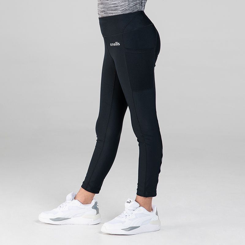 Ariana black girls’ sports leggings with two mesh side pockets by O’Neills.