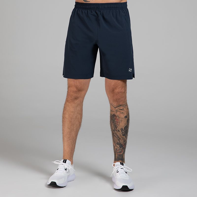 Navy Men’s React Woven 8-inch Sports Shorts with elastic waistband and zip pocket, lightweight and breathable for running and training