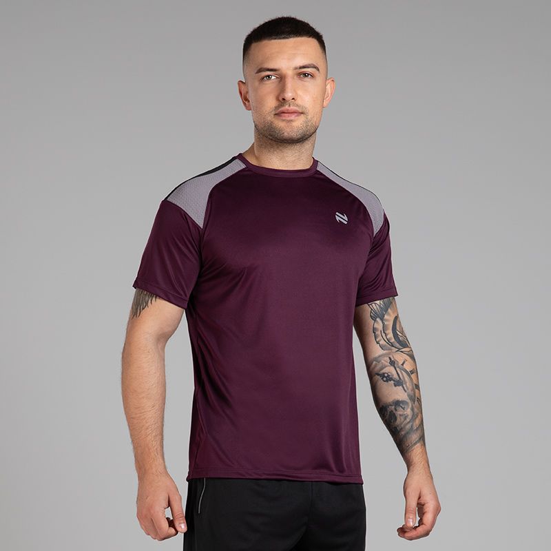 Maroon Men’s Adapt T-Shirt with textured fabric on the sleeves by O’Neills. 