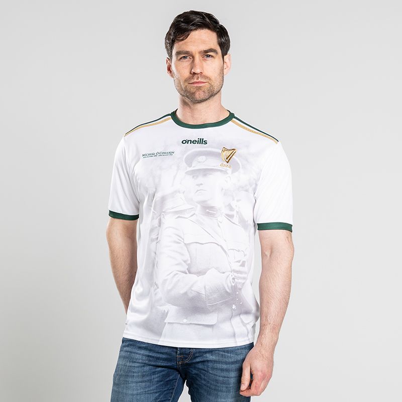 White Michael Collins Commemoration jersey, with portrait of Michael Collins on the front and some of the most famous quotes from "The Big Fella" detailed on the back of the jersey by O'Neills.