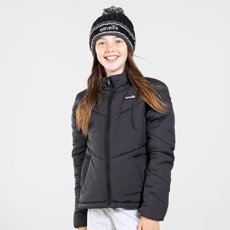 Black Girls’ boxy puffer jacket with side pockets and adjustable hem with toggle by O’Neills. 