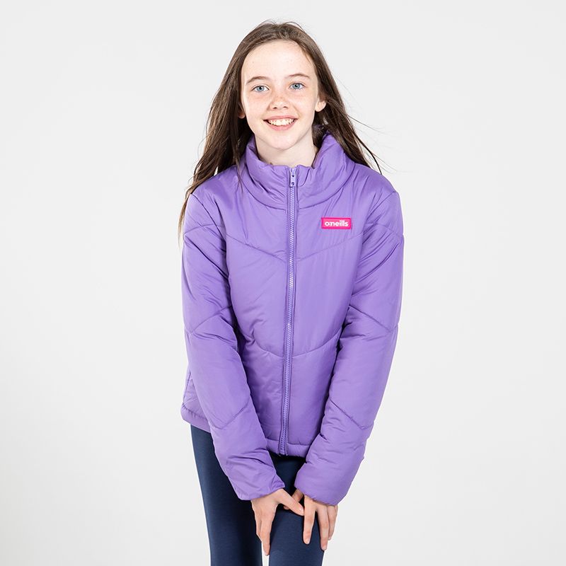 Purple Girls’ boxy puffer jacket with side pockets and adjustable hem with toggle by O’Neills. 