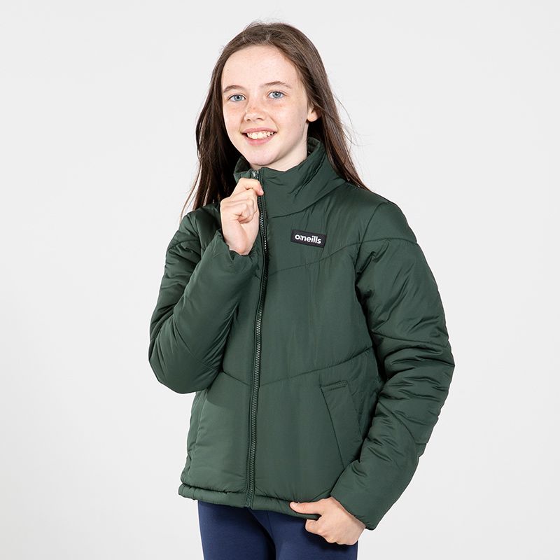 Green Girls’ boxy puffer jacket with side pockets and adjustable hem with toggle by O’Neills.