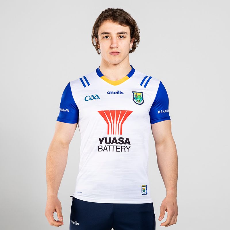 White/Blue Men's Wicklow Hurling Goalkeeper Jersey Player Fit 2023 with sponsor logo by O'Neills.