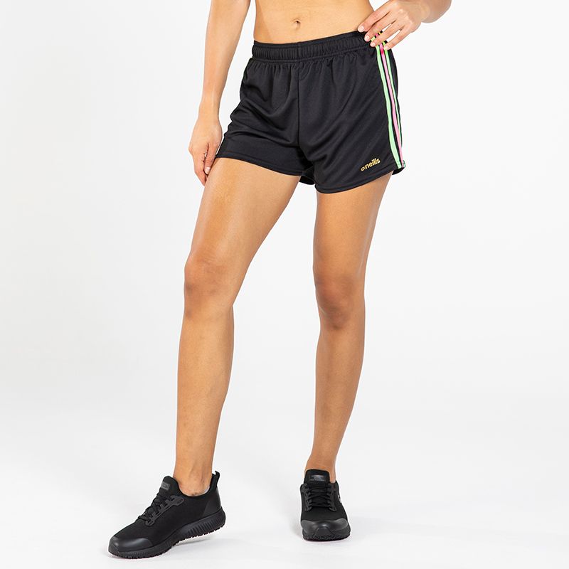 Black Women's Mourne Shorts with green and pink stripes from O'Neills.