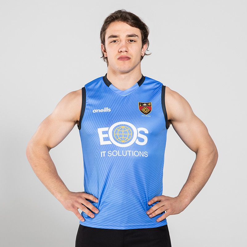 Sky Down GAA training sleeveless jersey vest with sponsor logo by O’Neills.