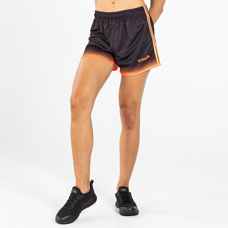 Women's black and orange nelson GAA shorts from O'Neills.