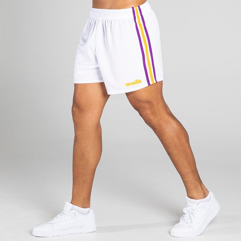 White/Purple/Yellow Men's Mourne Shorts with 3 stripe detail on side of legs by O'Neills. 