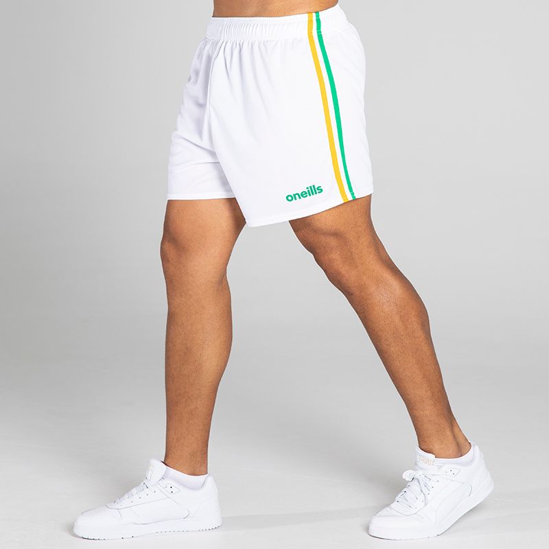 White/Green/Yellow Men's Mourne Shorts with 2 stripe detail on side of legs by O'Neills. 
