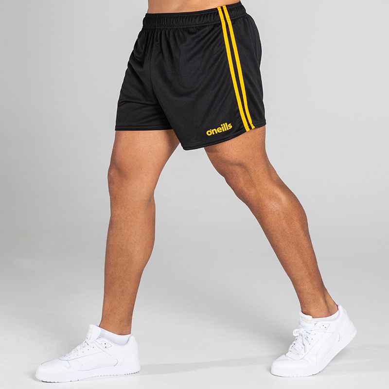 Black/Yellow Men's Mourne Shorts with 2 stripe detail on side of legs by O'Neills. 