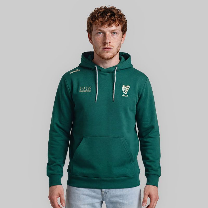 Green O’Neills Anchor Men’s Fleece Hoodie with 1916 embroidery and gold harp embroidery 