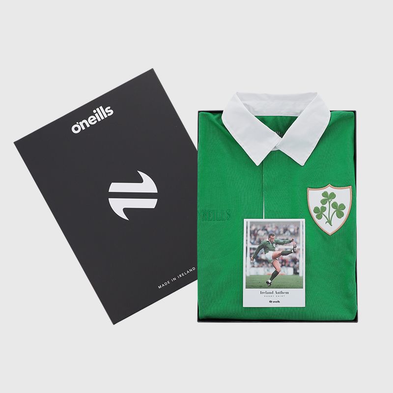 Green Ireland Anthem Rugby Shirt  with long sleeves presented in a gift box by O’Neills.