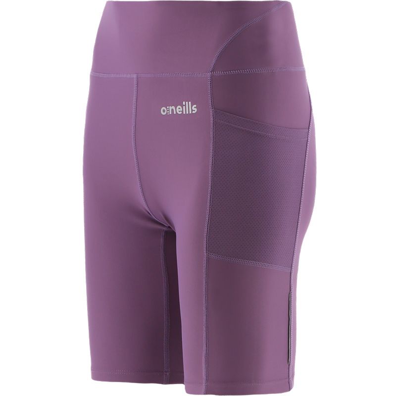 Purple girls high waisted cycling shorts with mesh side pockets by O’Neills.