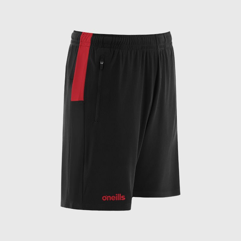 Black / Red Kids' Aspire Shorts from O’Neills featuring an elasticated waistband & two zipped pockets. 