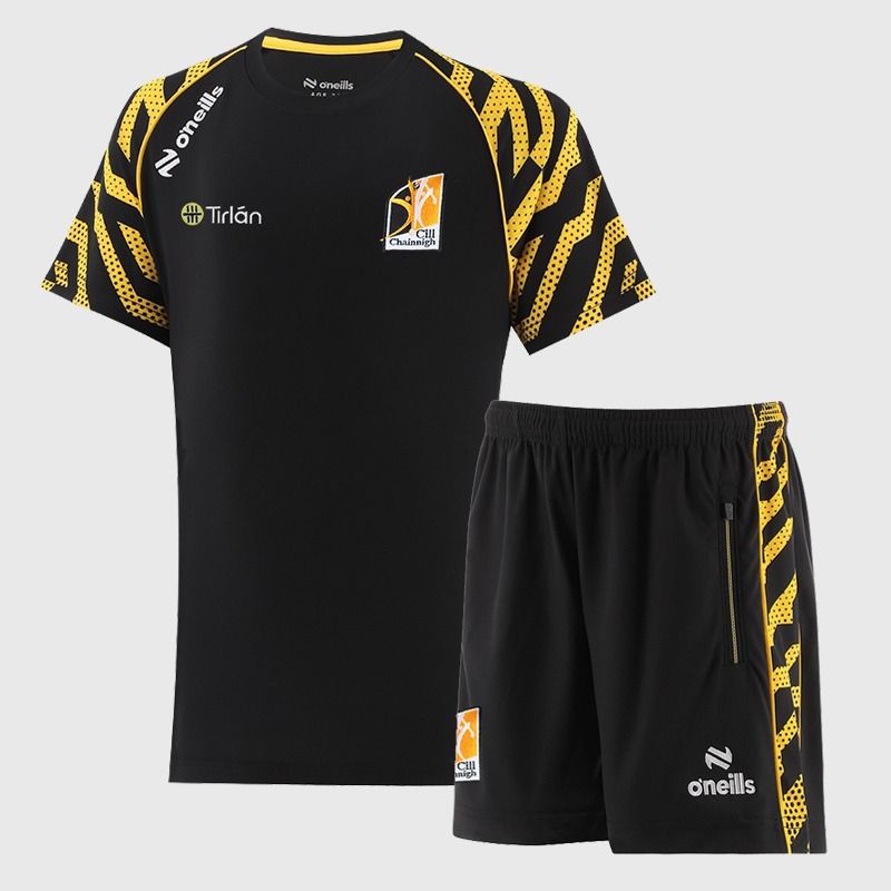 Black O’Neills Kids' Kilkenny GAA Electro Two Piece Set including Short Sleeve T-Shirt and Shorts.