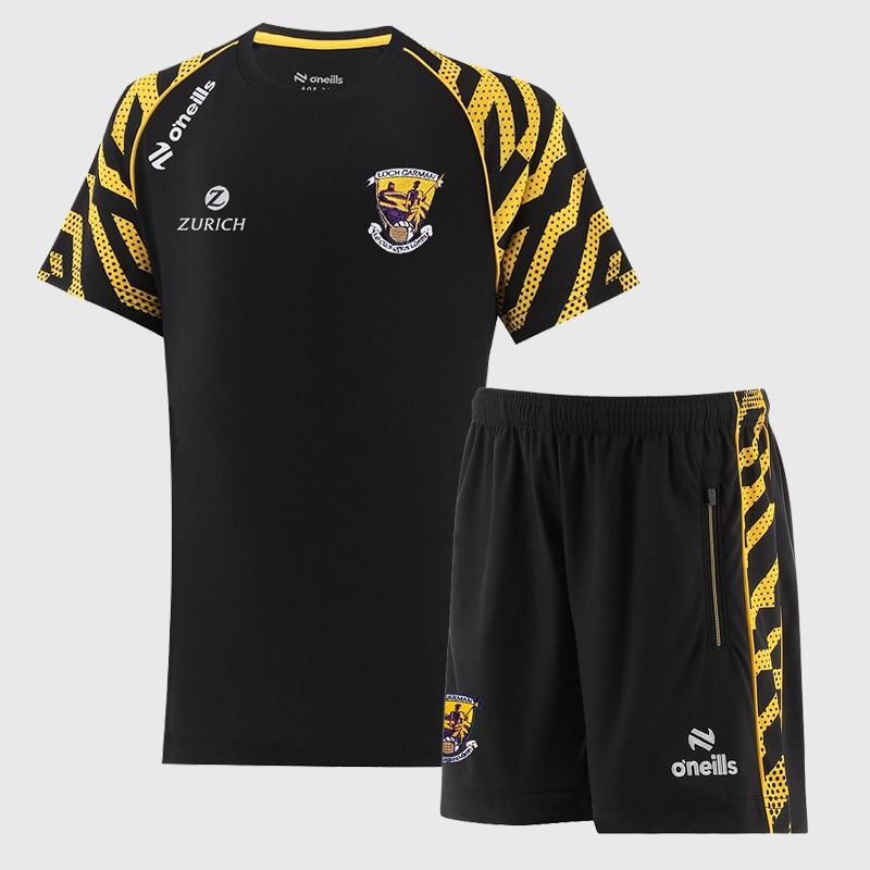 Black O’Neills Kids' Wexford GAA Electro Two Piece Set including Short Sleeve T-Shirt and Shorts.