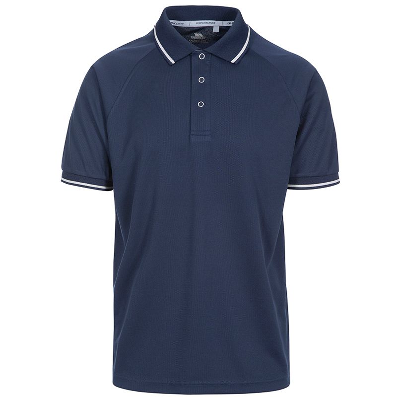 Trespass navy mens polo shirt with grey stripe on collar and cuffs from O'Neills.
