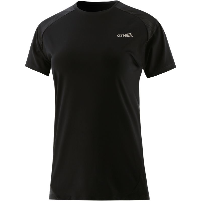 Black Cassie women’s gym t-shirt with reflective print from O’Neills.