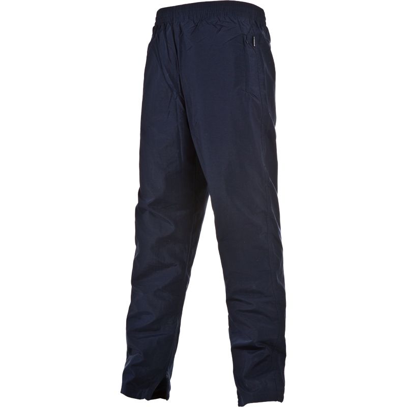 Navy kids' woven tracksuit bottoms with lower leg zips and elasticated waistband by O’Neills.