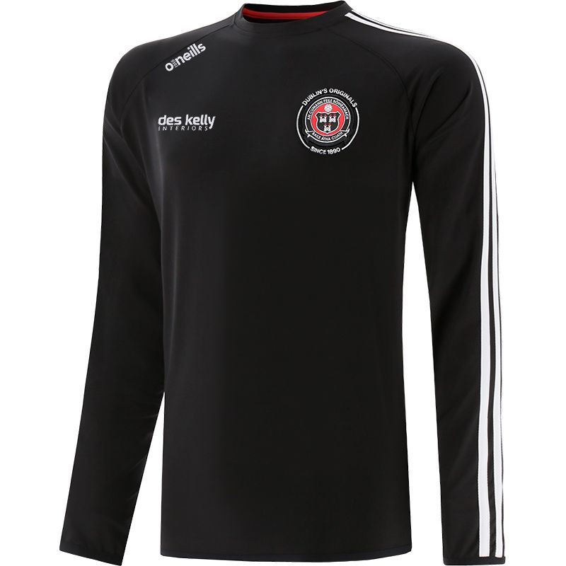 Black/White Kids' Bohemian FC Dalymount Brushed crew neck sweatshirt with stripes on sleeves by O’Neills. 