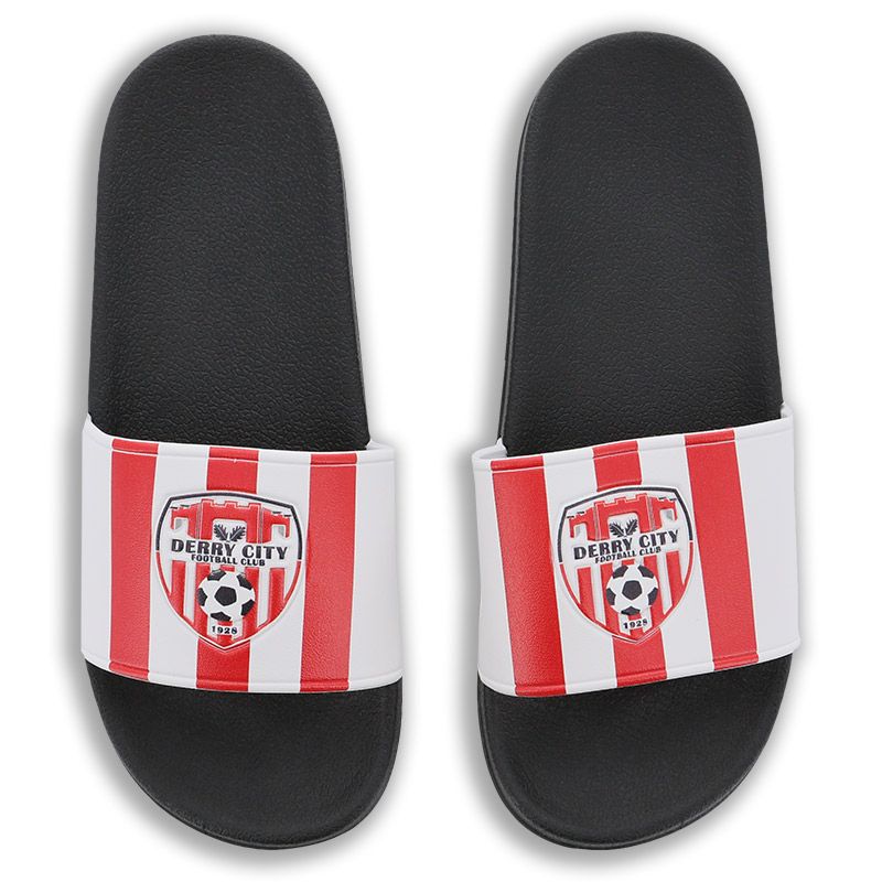 Red and white stripe Derry City FC sliders with official Derry City crest by O’Neills.