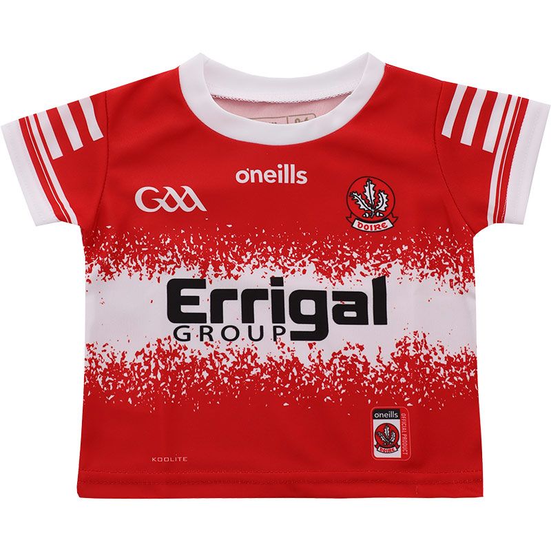 Red Derry GAA Home Jersey 2024 with Errigal Group sponsor logo on the chest by O’Neills.
