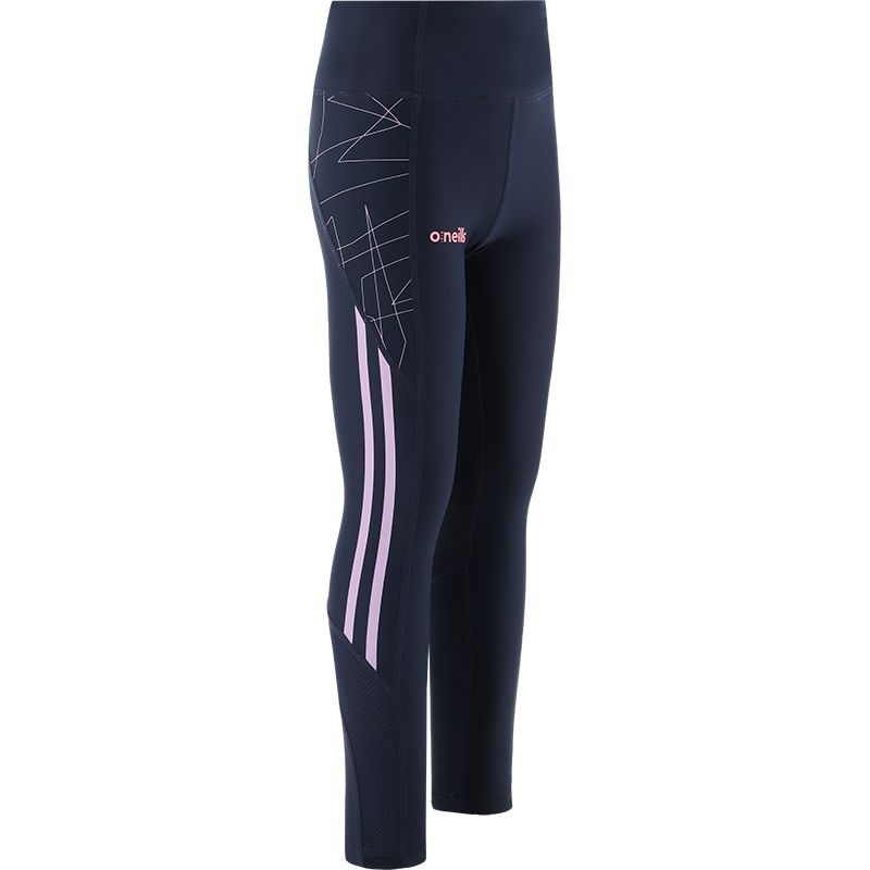 Marine Kids’ full length leggings with Pink and Purple  stripes and mesh panels on lower leg by O’Neills.