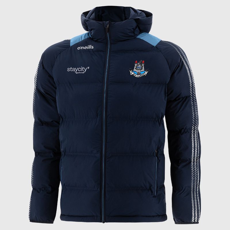 Navy Dublin GAA Kids' Dynamo Padded Jacket with hood by O'Neills.