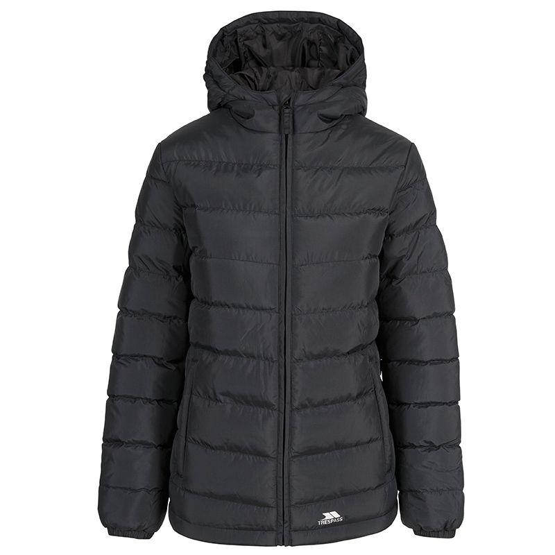 Women's Black Trespass Elegant Padded Jacket, with 2 zip pockets from O'Neills.
