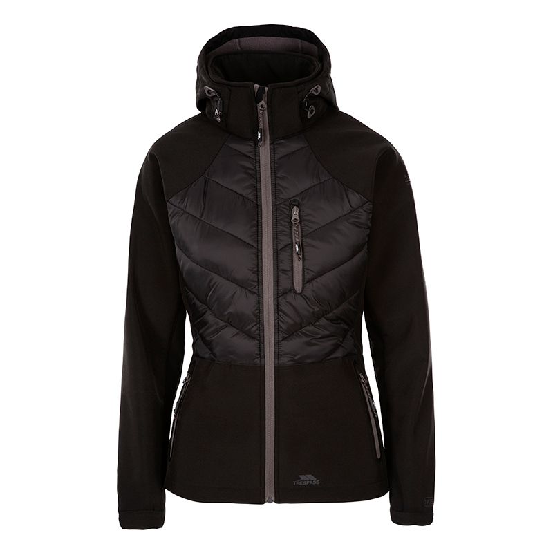 Women's Black Trespass Elvira Softshell Jacket, with 3 zip pockets from O'Neills.