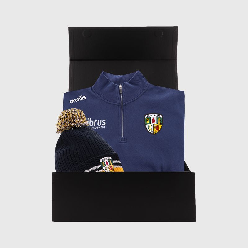 Antrim GAA Gift Box with Antrim GAA half zip fleece and bobble hat packaged in a gift box by O’Neills.